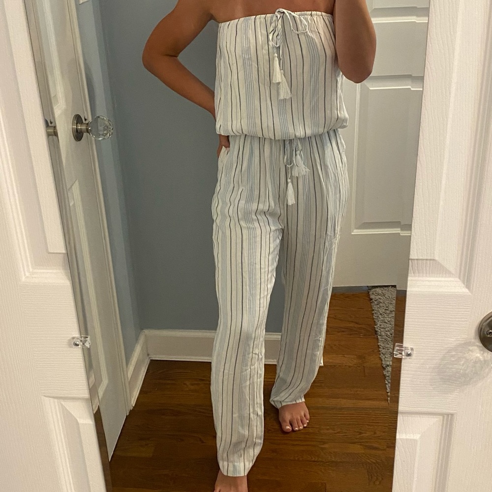 Olivaceous Striped Strapless Romper Jumpsuit Blouse Pant Small S